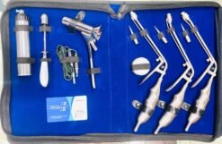 McGivney Hemorrhoidal Ligator Set with Kelly Proctoscope presented in blue padded case, stainless steel proctology surgical instruments.