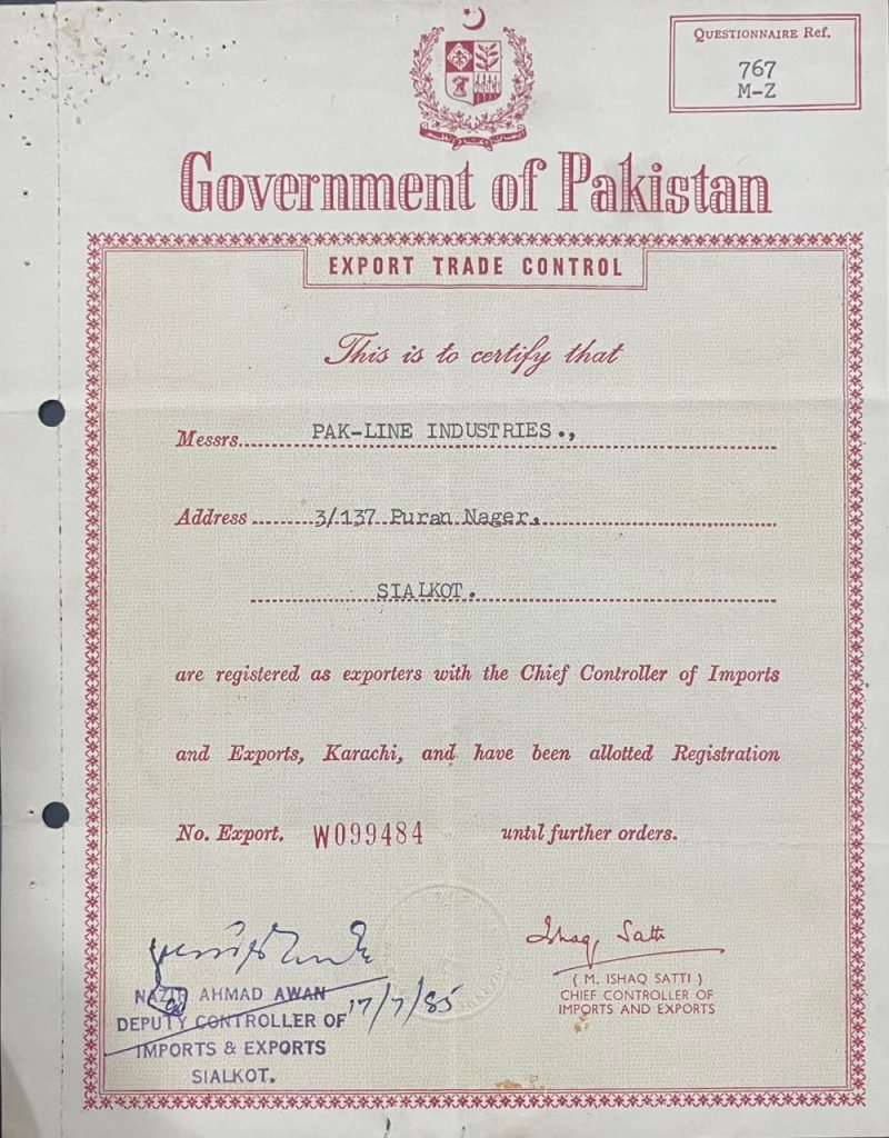 Government of Pakistan registration certificate for Pak Line Industries