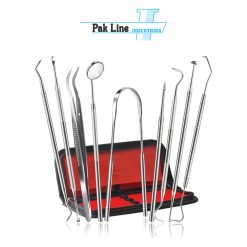 Professional 9-piece stainless steel dental scaler and hygiene kit with dental mirror, explorer, tweezers, plaque remover, and carrying case manufactured by Pak Line Industries